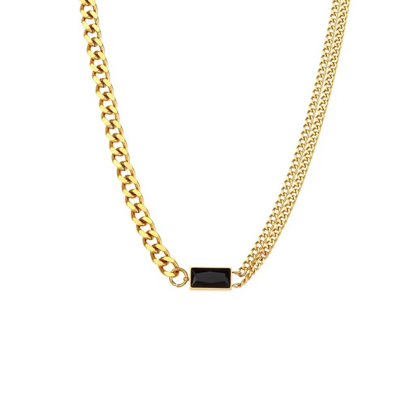 18K Gold Plated Onyx Baguette Dual Chain Necklace - Picture 6 of 8